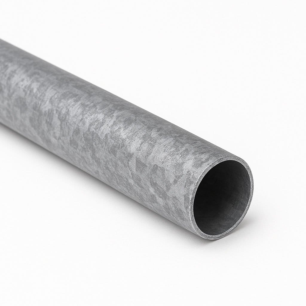 A high-resolution, close-up shot of a hollow galvanized steel pole against a white background, showing the mottled texture of the metal and the circular open end of the tube.