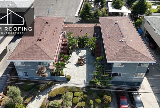 Completed commercial asphalt shingle roof replacement on Carlmont Dr in Belmont by ELM Roofing.