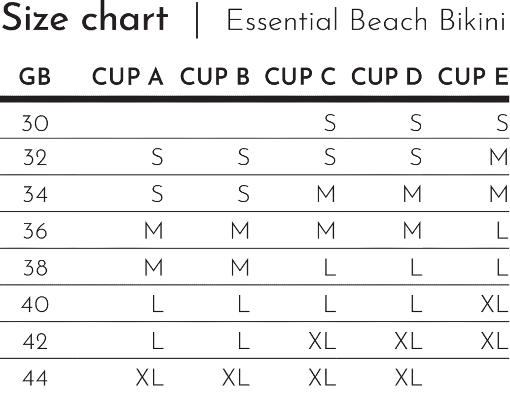 Essential Beach Bikini Size chart