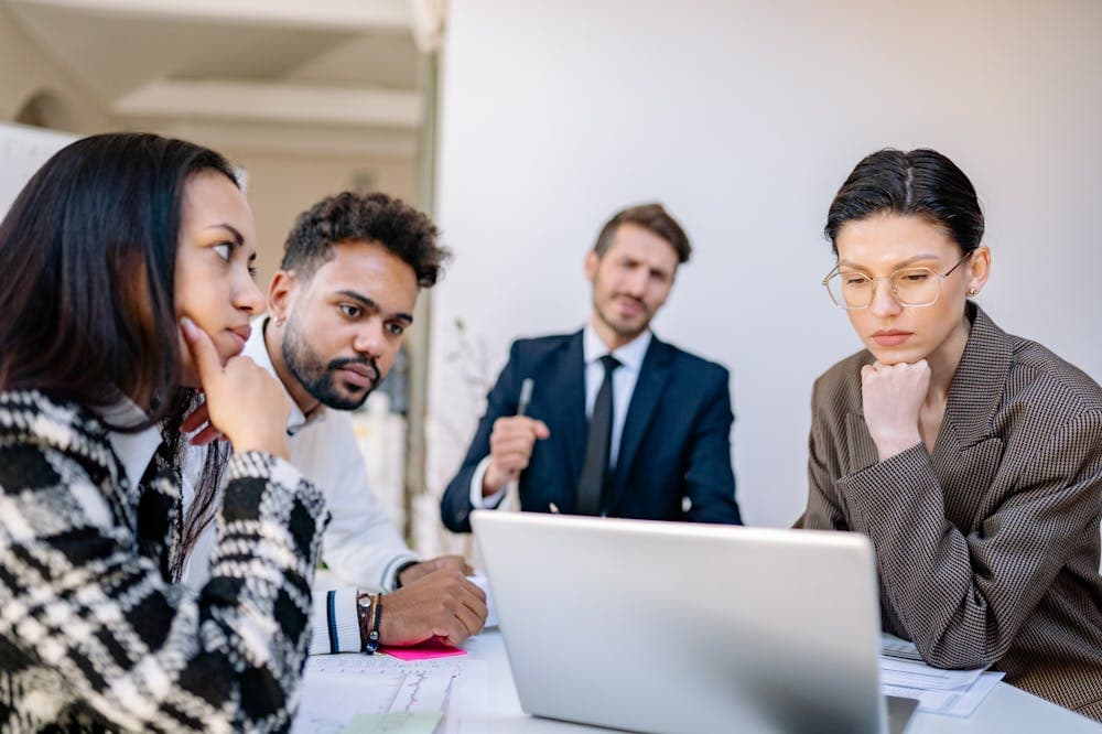 Pessoas atentas, observando notebook cinza. Ilustração do texto sobre lucratividade das franquias.