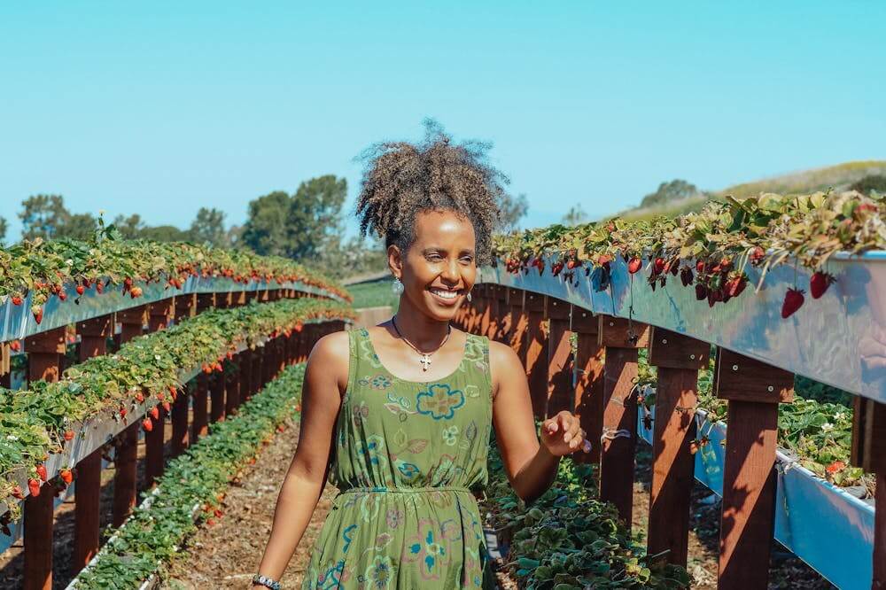 Mulher sorridente, usando vestido verde em meio a plantação de morango. Ilustração do texto sobre negócios sustentáveis.