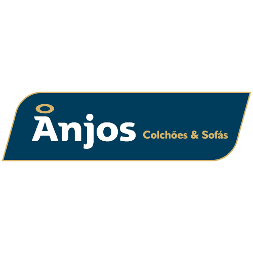 Logomarca da franquia Anjos e Colchões, em azul, branco e amarelo.