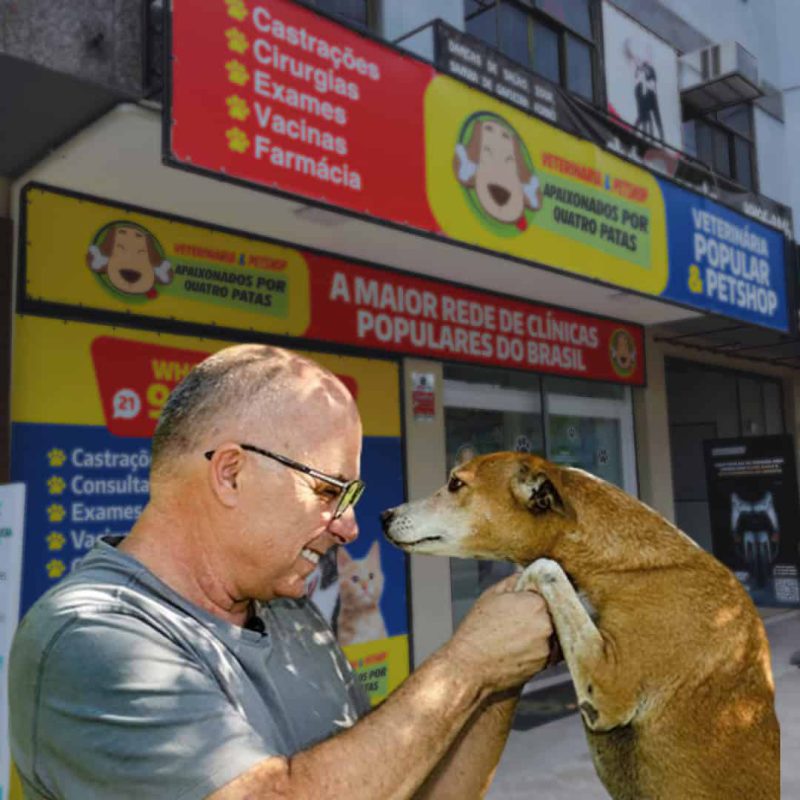 Imagem ilustrativa da franquia Apaixonados por Quatro Patas. Homem e cachorro felizes se encarando.