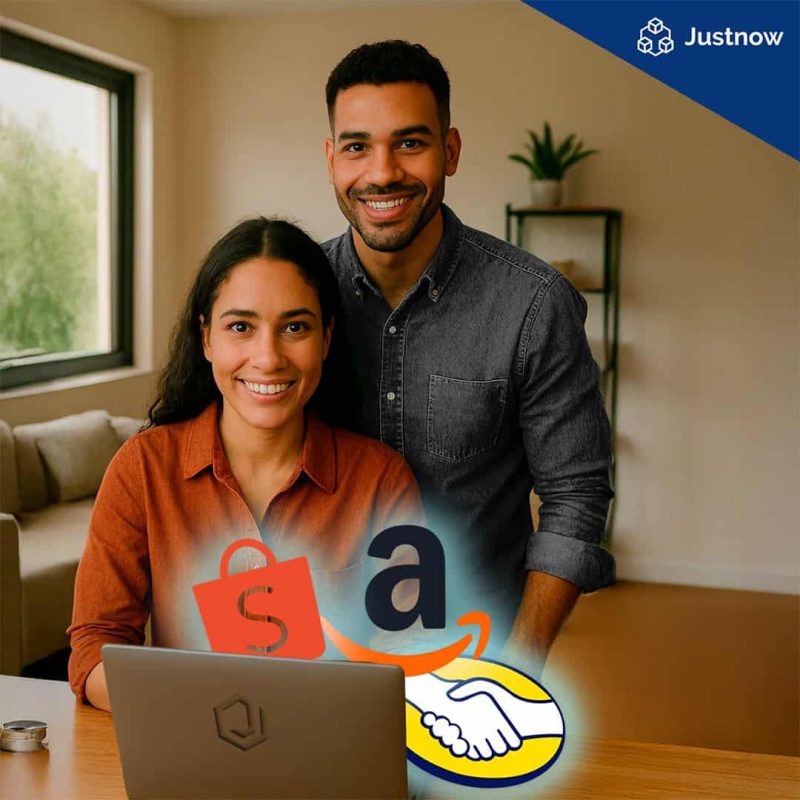 Imagem de um casal em frente a um computador, com símboloso da Shoppee, Amazon e Mercado Livre, JustGoFit, franquia de loja online.