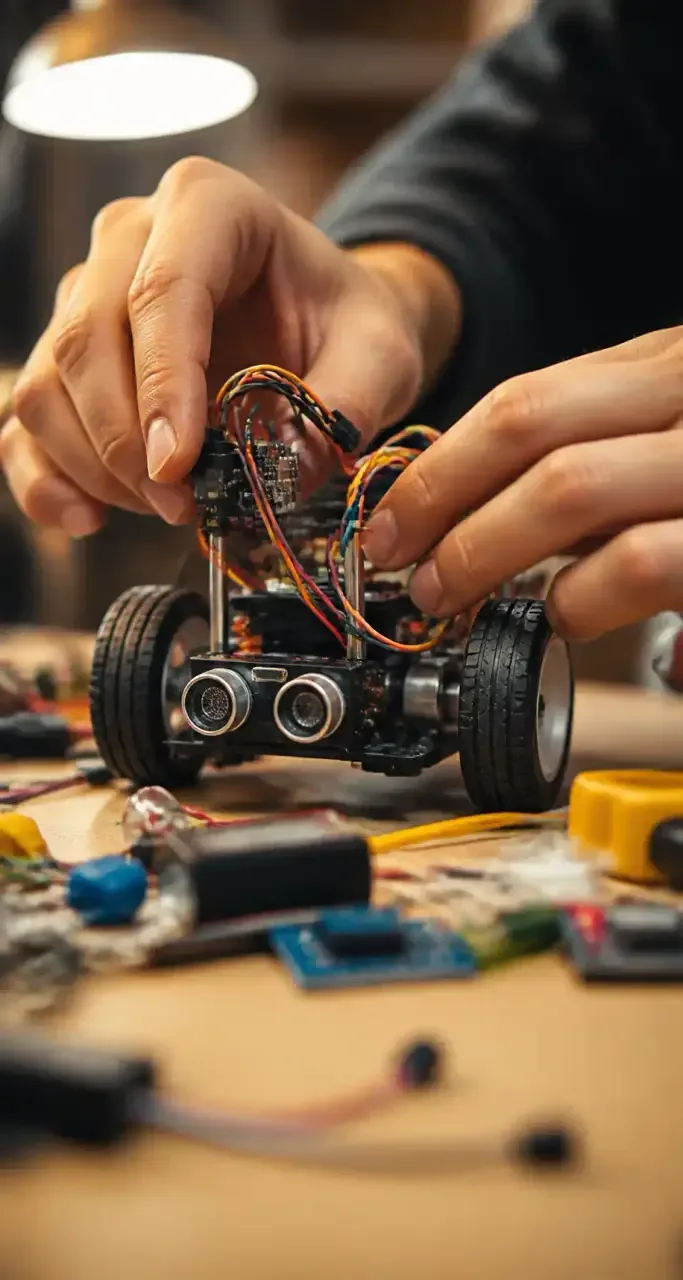 Étudiant fabriquant un robot dans un atelier numérique