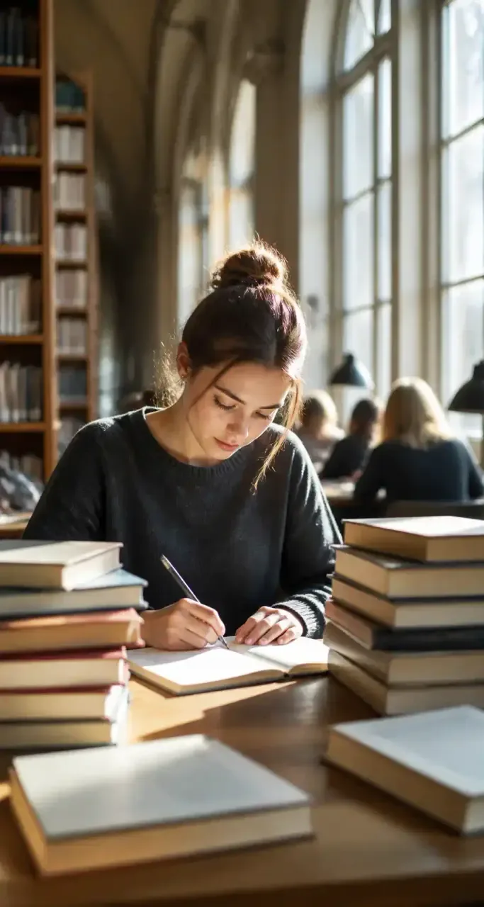 Étudiante travaillant dans une bibliothèque universitaire