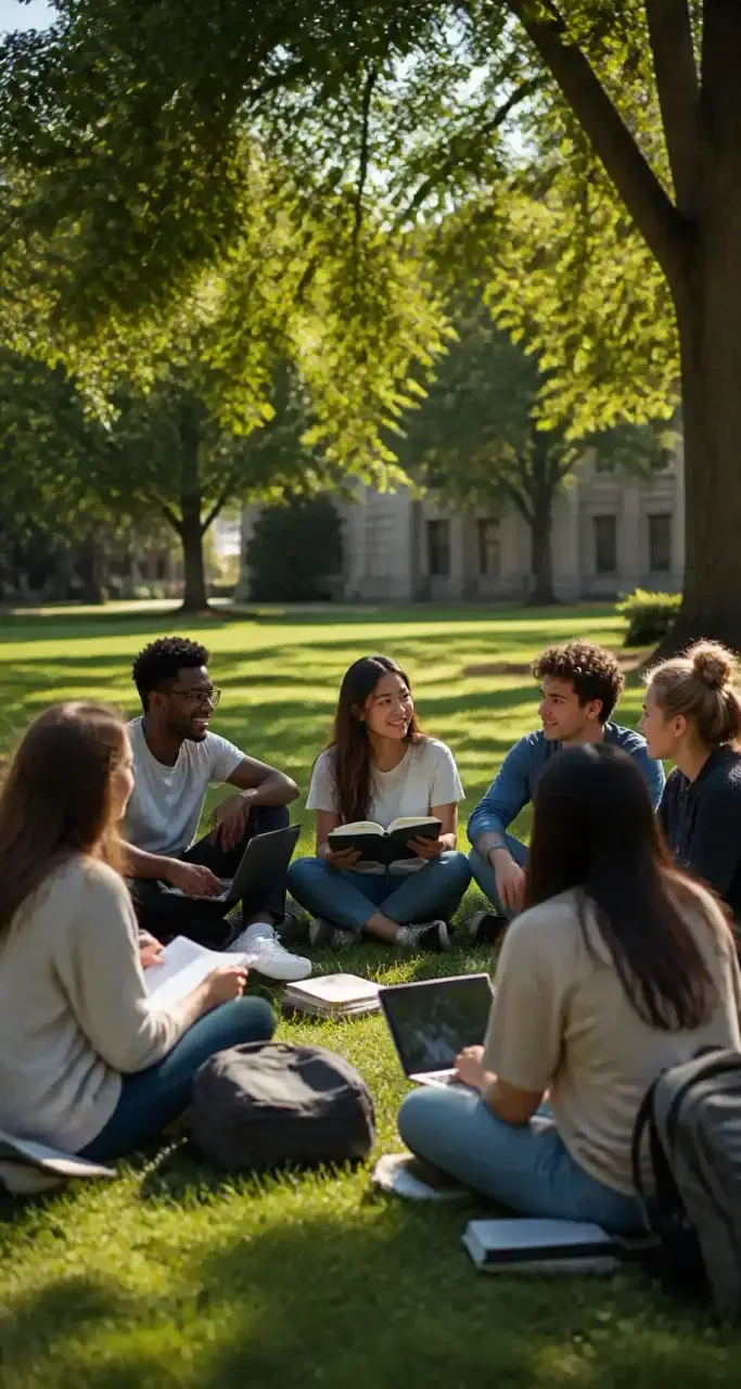 Étudiants en discussion en extérieur sur un campus