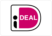 Logo von iDEAL, einem niederländischen Online-Zahlungssystem, mit einem stilisierten kleinen i in schwarzer Schrift auf der linken Seite und dem Wort DEAL in weißen Buchstaben innerhalb eines rosa, abgerundeten D auf der rechten Seite.