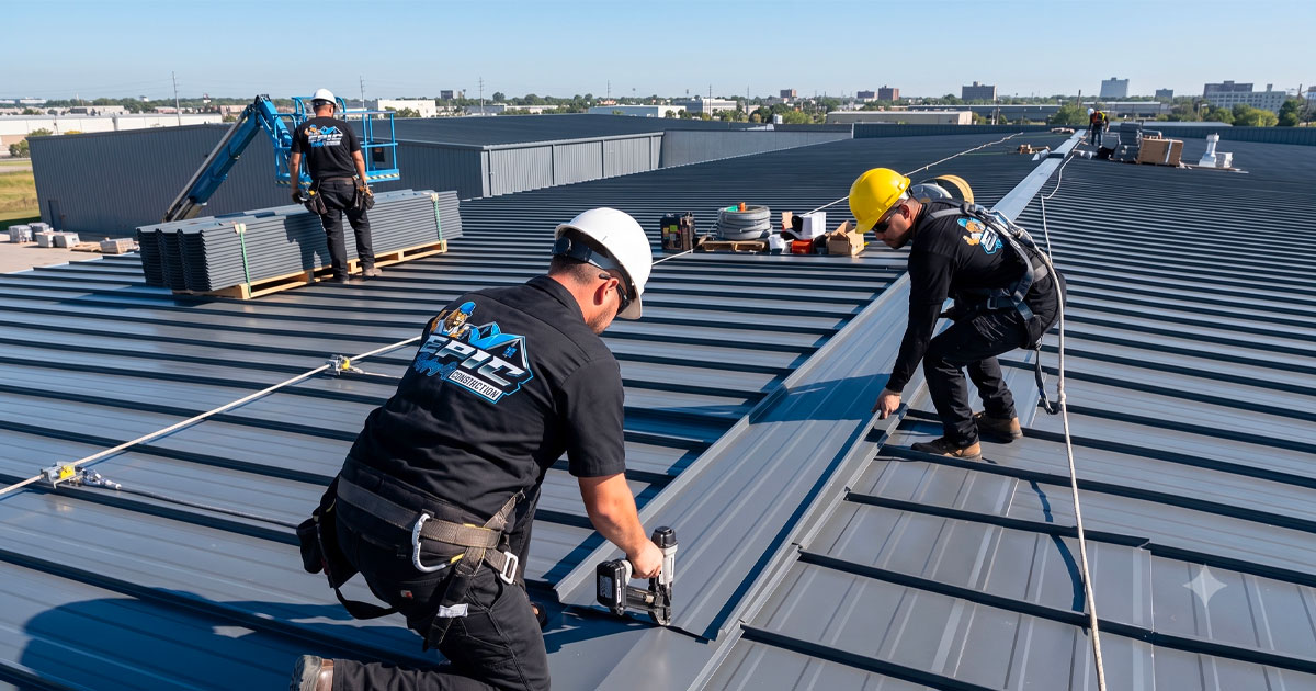 Roofer in safety gear working on a commercial metal roof