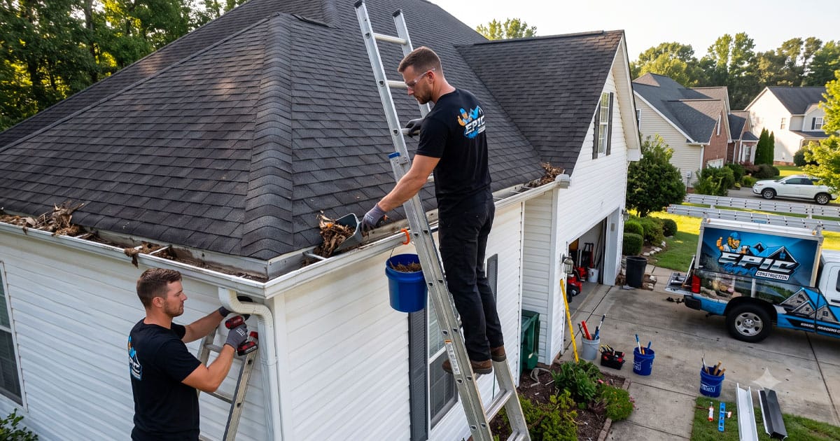 Roofing professional cleaning debris from residential gutters