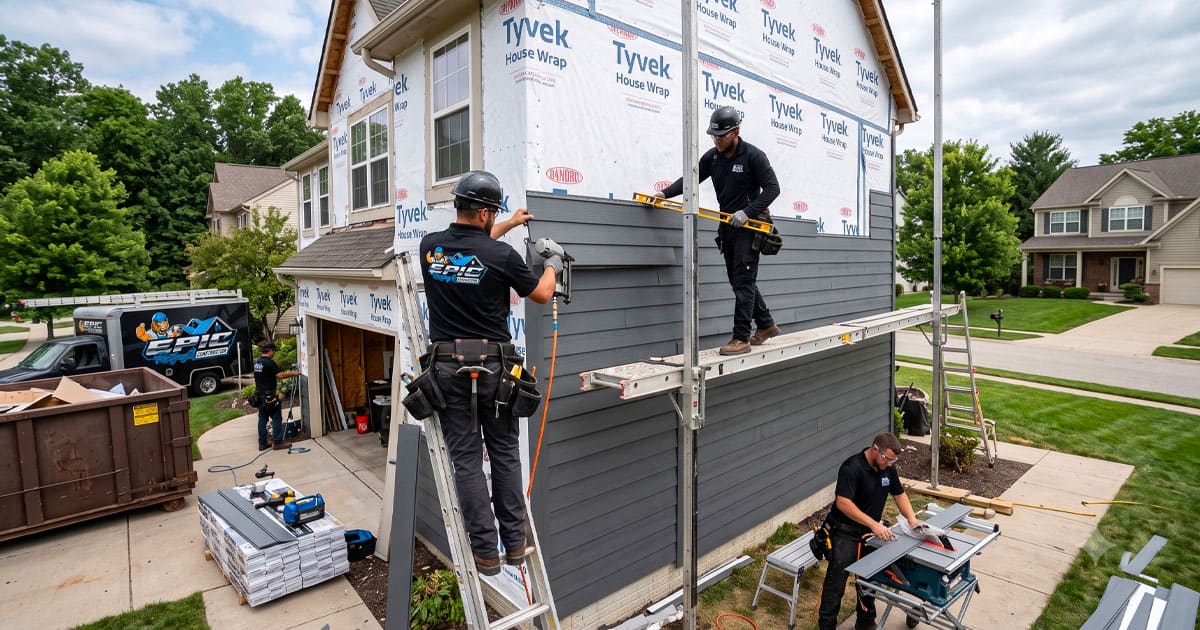 Roofing crew installing new siding on a home exterior