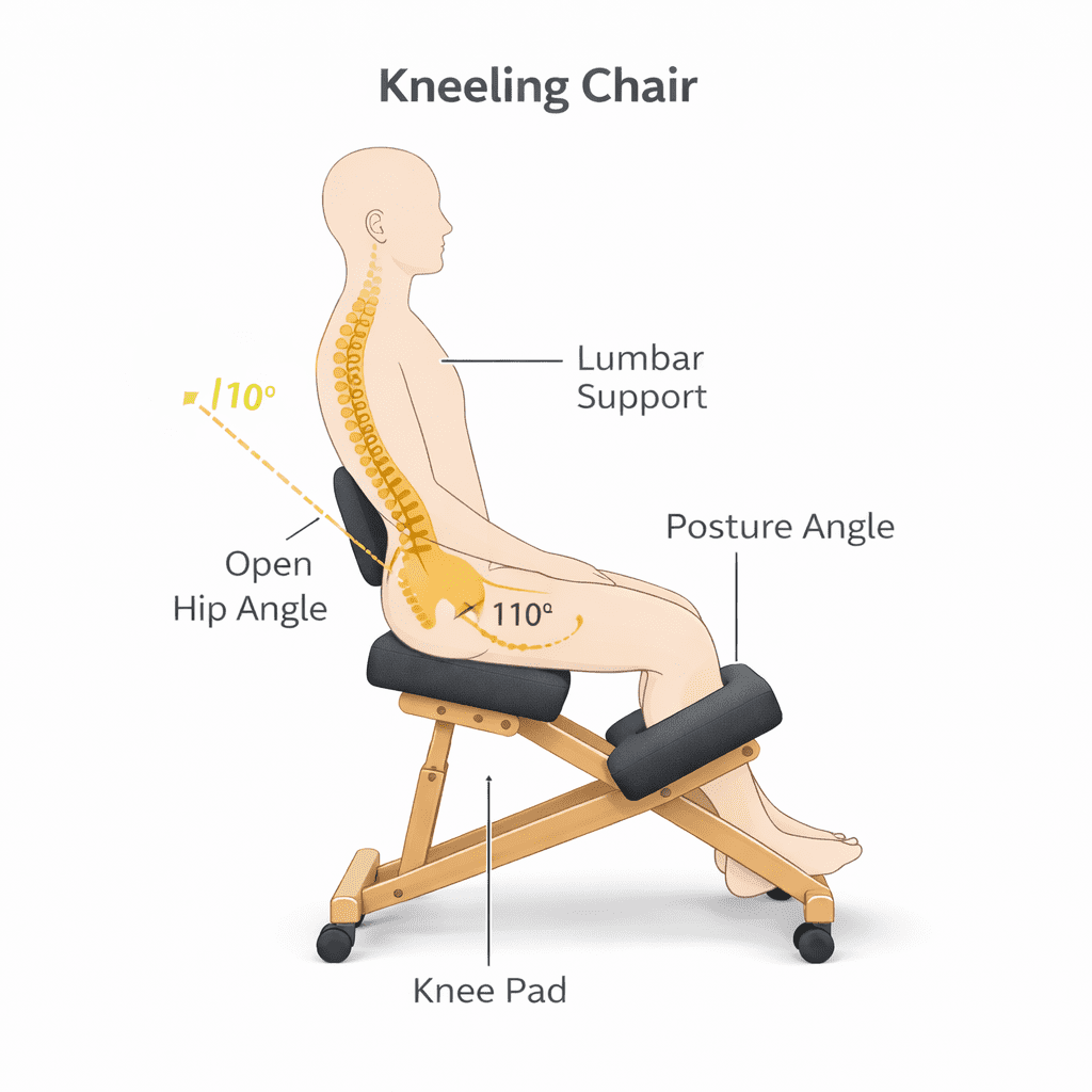 kneeling chair anatomy showing open hip angle and lumbar support
