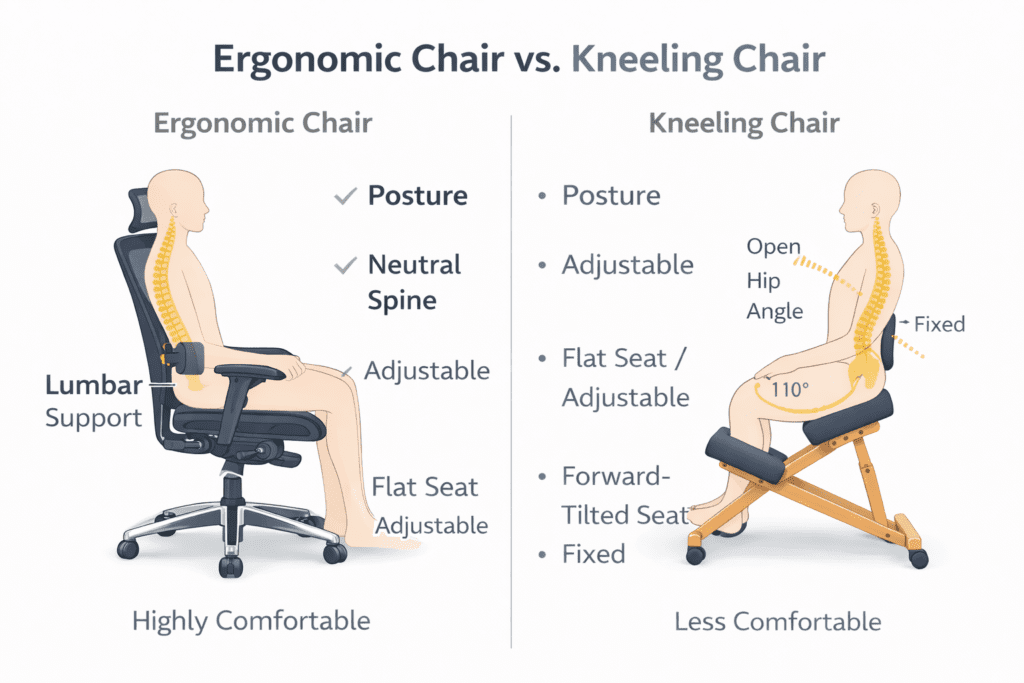 ergonomic chair vs kneeling chair side-by-side comparison for posture