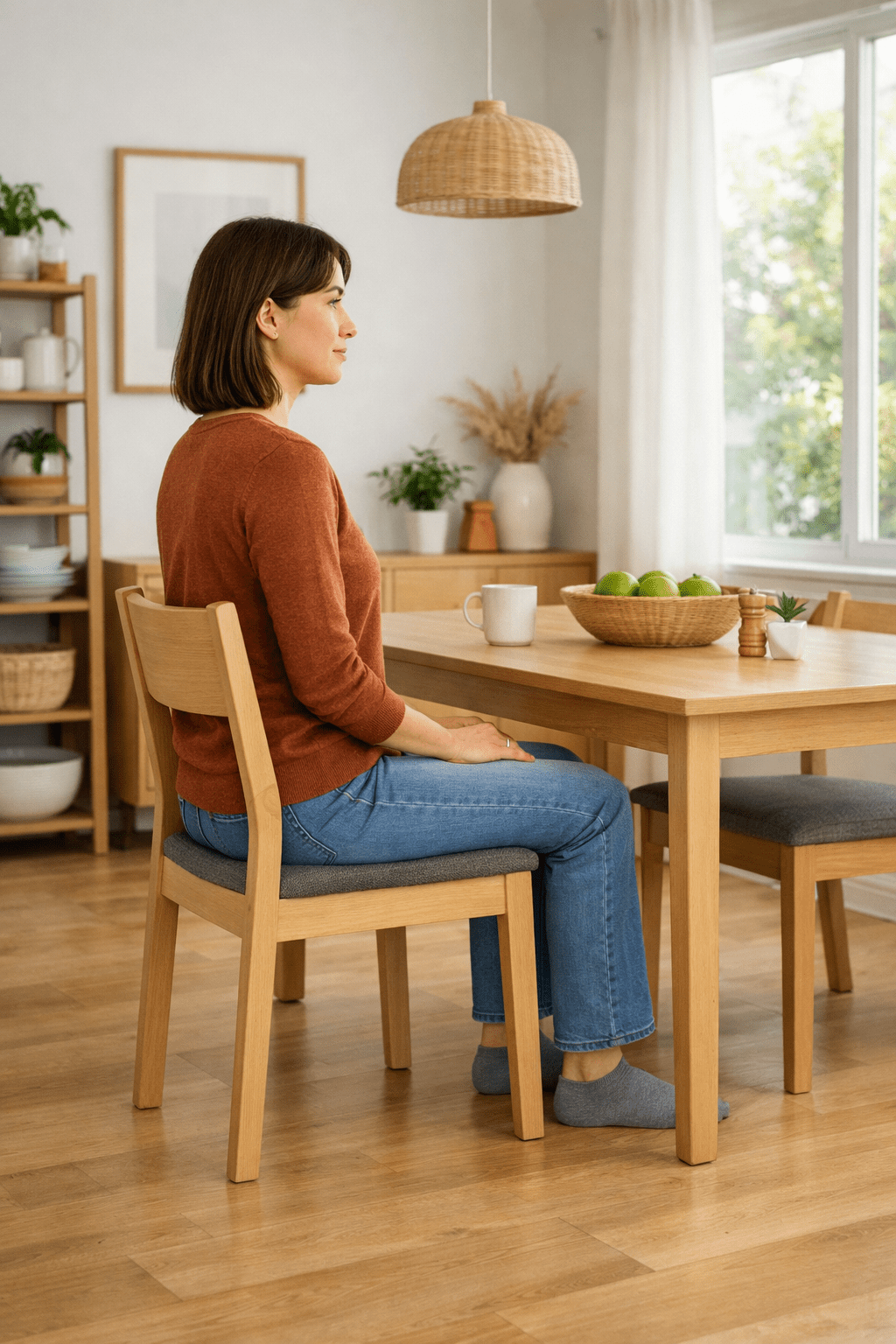 Proper sitting posture on a dining chair at a table