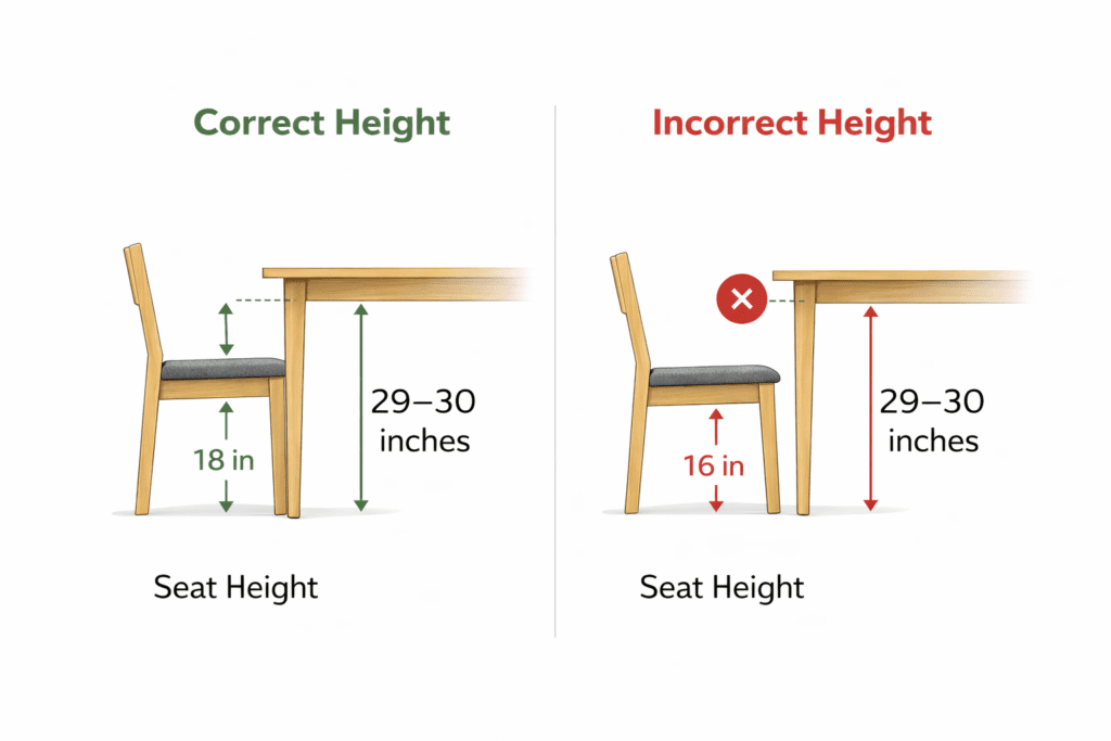 Correct dining chair seat height compared to table height