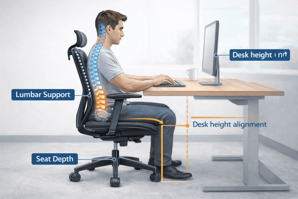 A vertical checklist infographic with steps to select the right ergonomic office chair, including measuring desk height, identifying pain type, testing lumbar support, and more.