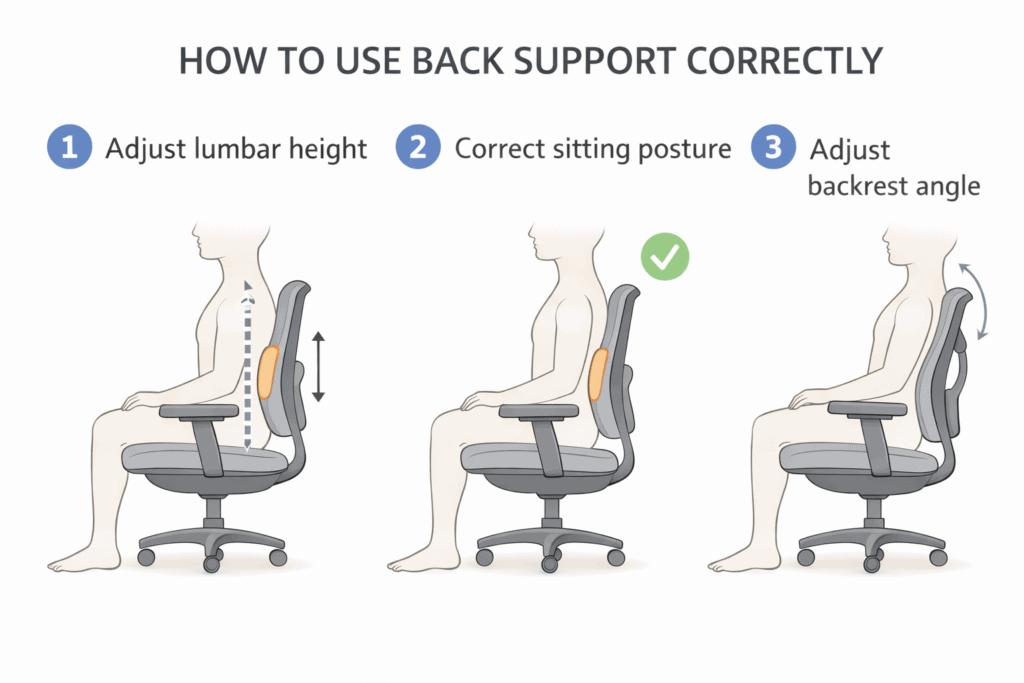 Step-by-step illustration showing correct adjustment and use of ergonomic chair back support