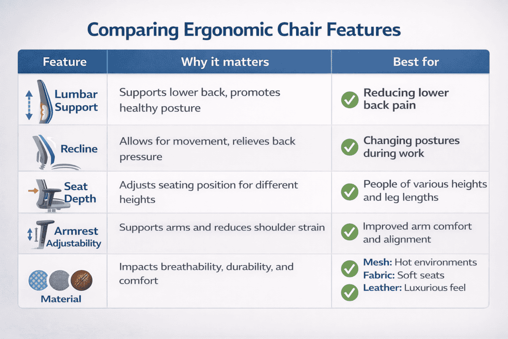 : A table infographic comparing features of ergonomic chairs, showing why each feature matters and which user types benefit most.