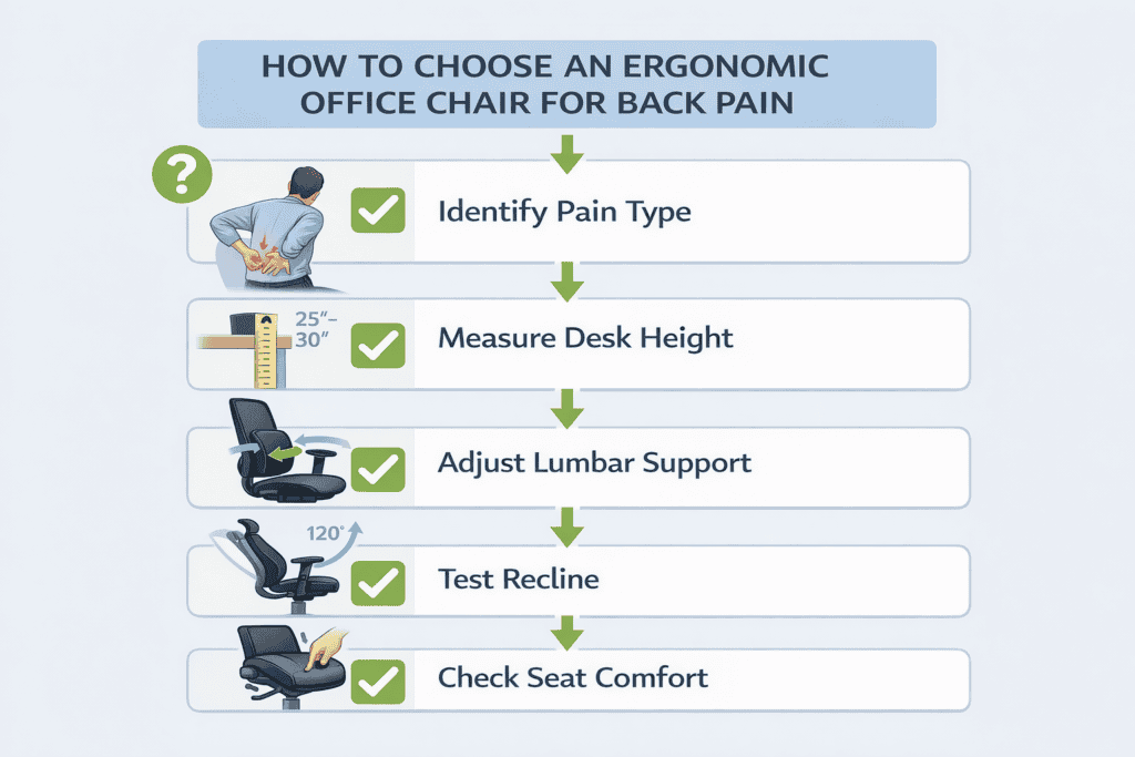 A vertical checklist infographic with steps to select the right ergonomic office chair, including measuring desk height, identifying pain type, testing lumbar support, and more.