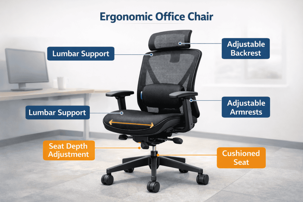 Checklist of ergonomic chair features such as adjustable lumbar support, reclining backrest, and seat depth.