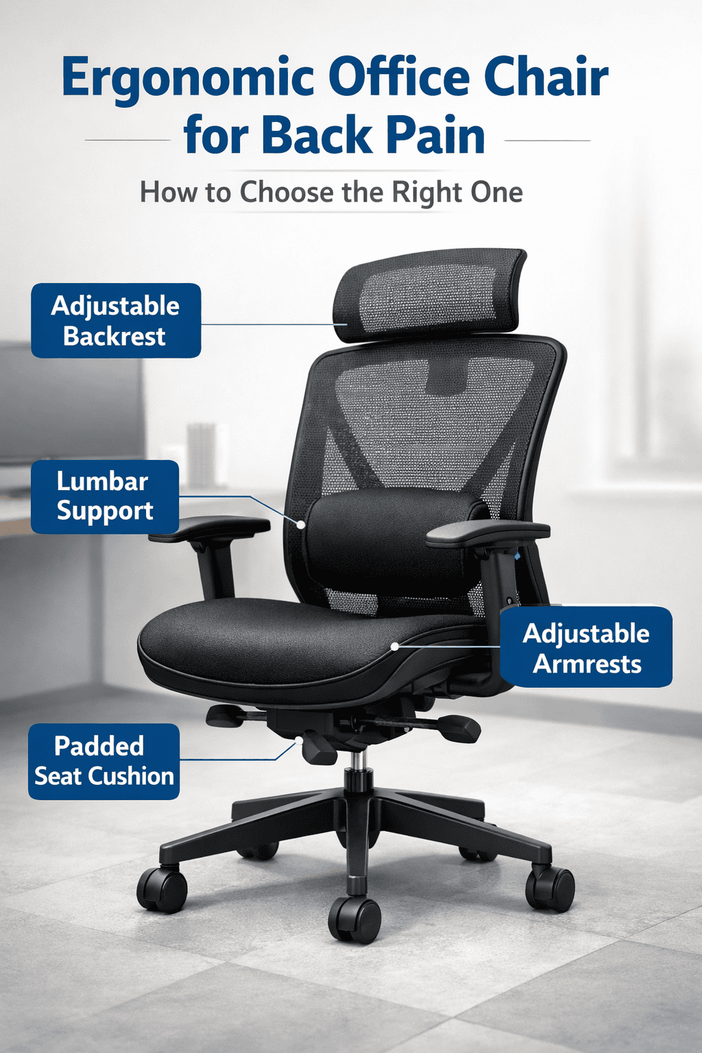 A modern office chair with labeled parts for ergonomic design, including lumbar support, adjustable backrest, armrests, and cushioned seat, set in a clean office background.