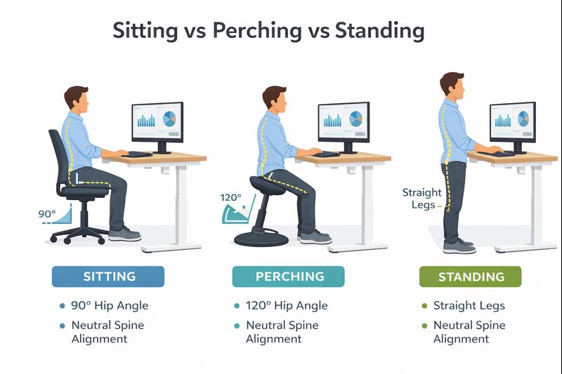 Sitting vs perching vs standing posture comparison diagram