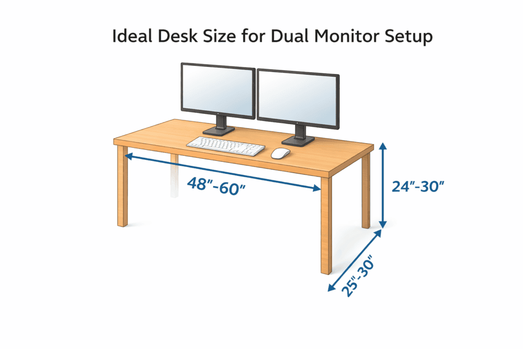 dual monitor desk size diagram showing ideal desk width and depth in inches