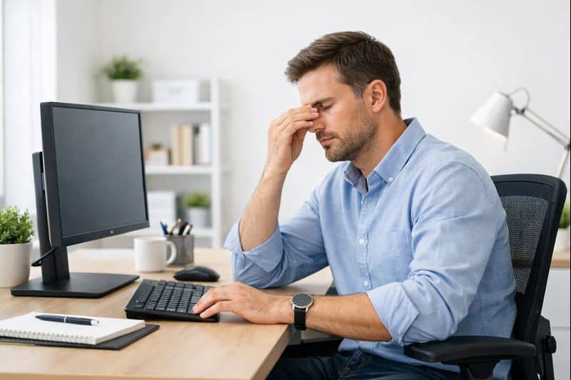 Dry eyes, headache and fatigue caused by prolonged screen time at a desk
