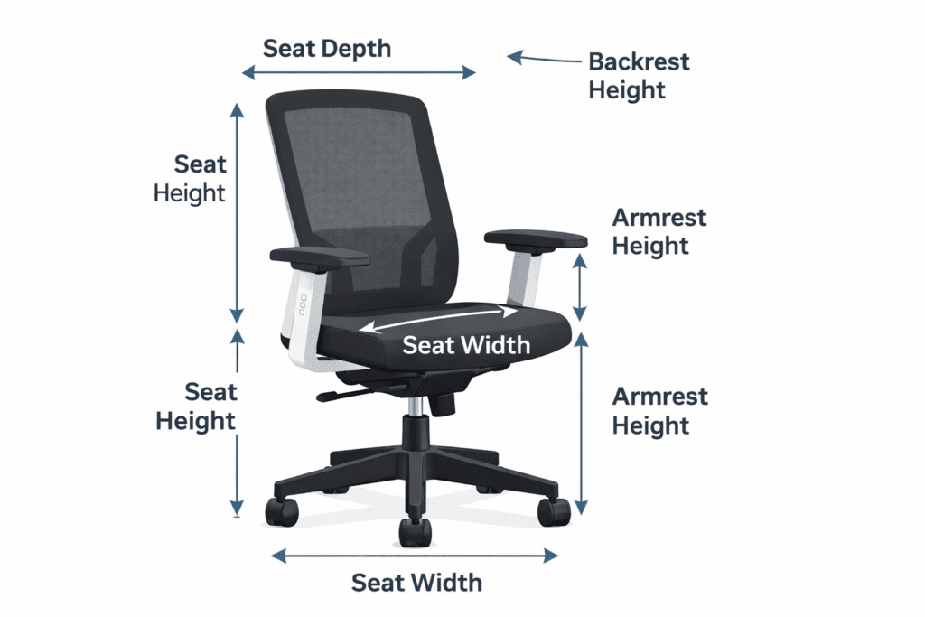 Desk chair dimensions diagram with seat height and depth