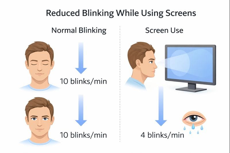 Reduced blinking while using a computer screen causing dry eyes