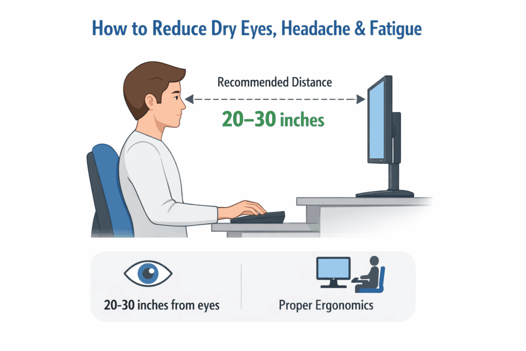 Recommended computer monitor viewing distance for eye comfort
Dry Eyes, Headache & Fatigue