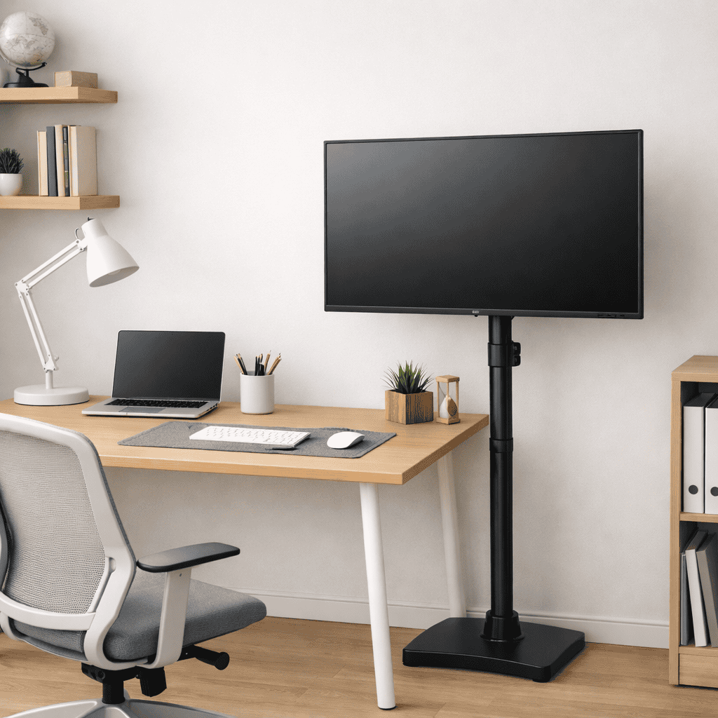 Monitor floor stand positioned at ergonomic eye level