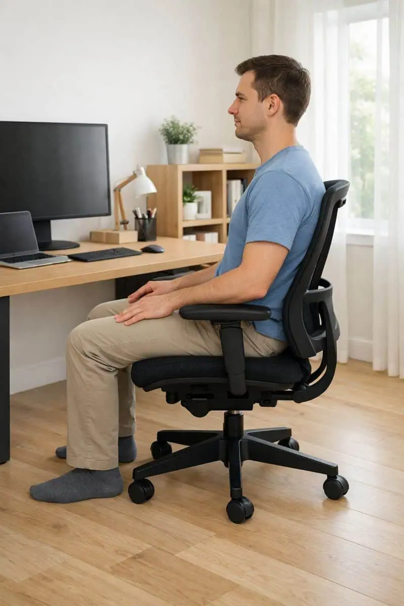 Seat depth and hip alignment shown in a properly adjusted office chair
