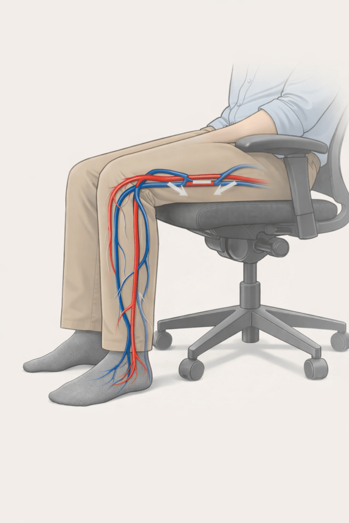 Diagram showing restricted blood circulation in legs during prolonged sitting