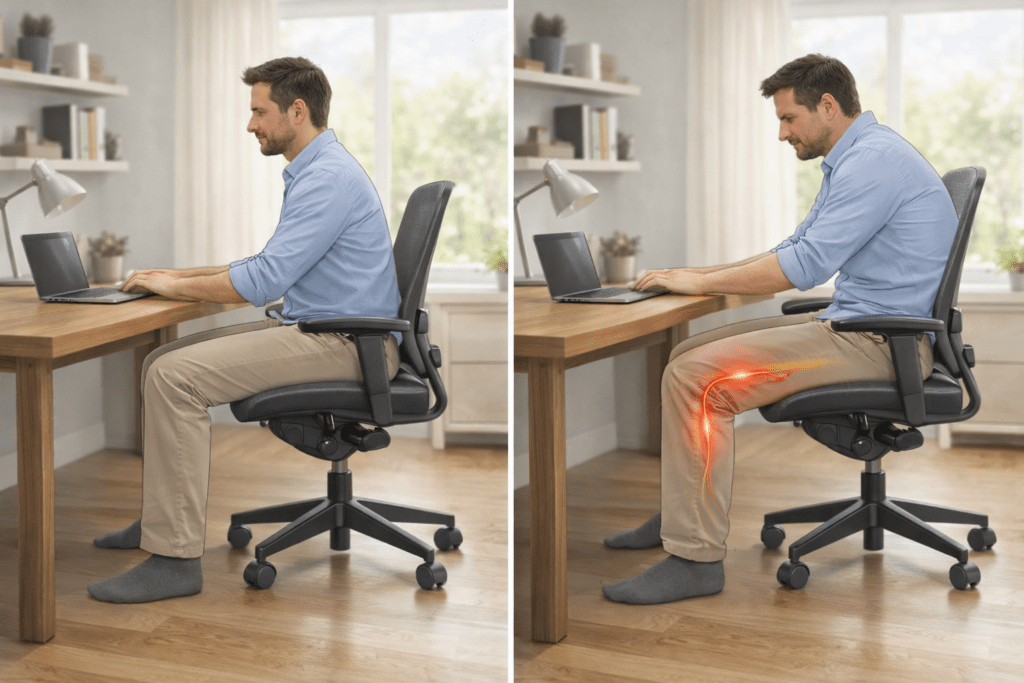 Comparison of healthy sitting posture and posture that increases leg pressure