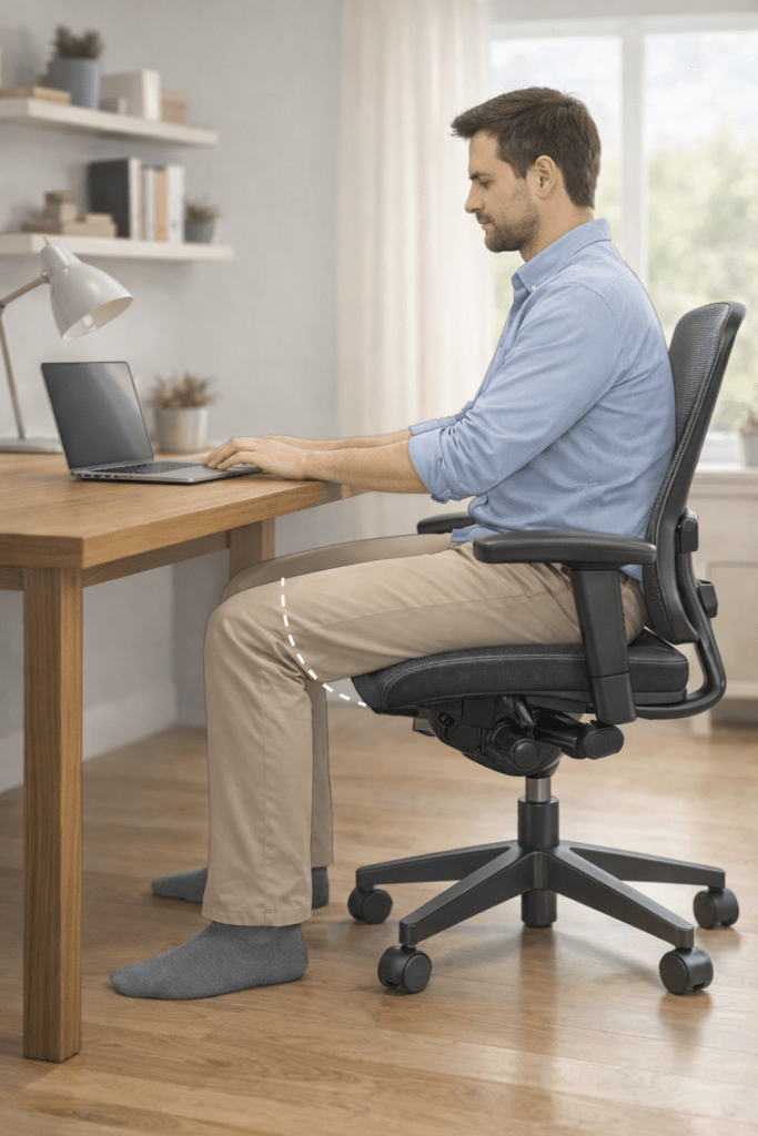 Correct seat depth with gap between chair edge and knees to improve circulation