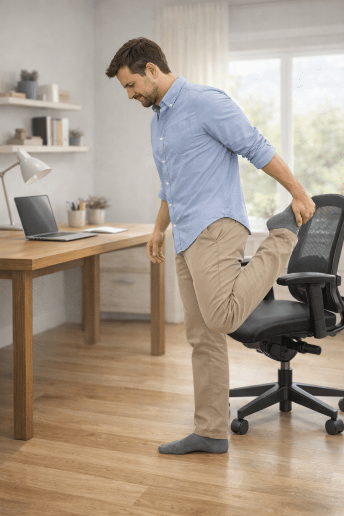 Office worker standing up to stretch legs after sitting for 30 minutes