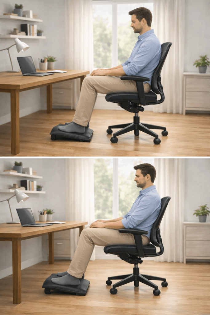 Desk setup showing feet flat on floor to reduce leg pressure