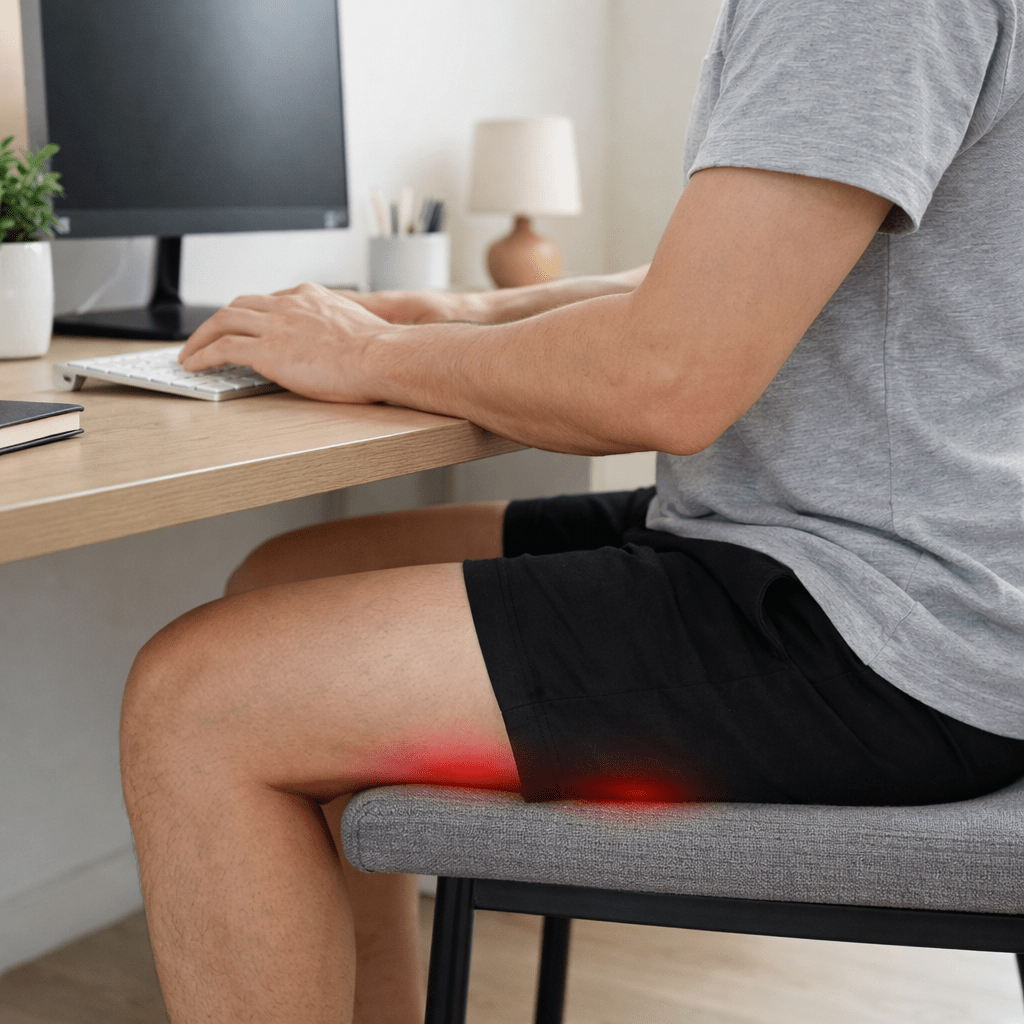 Person experiencing thigh pressure from chair edge while sitting at desk with improper seat height
