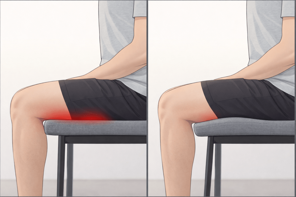 Comparison of flat chair edge and waterfall seat edge showing difference in thigh pressure