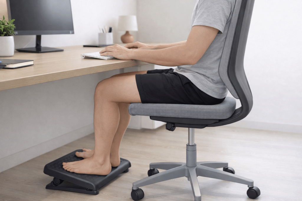 Person using footrest to reduce thigh pressure from chair edge