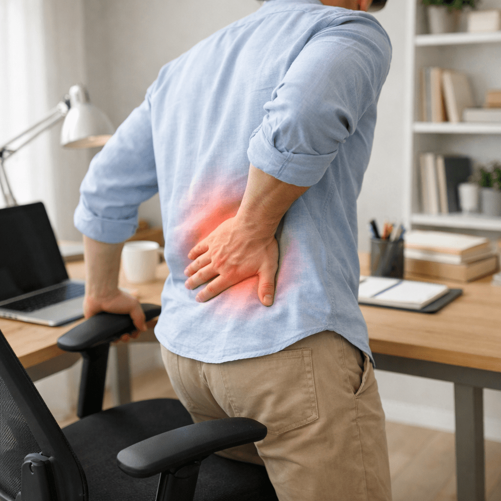 Person experiencing back stiffness after desk work while standing up from office chair