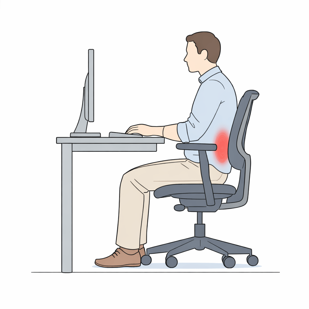 Diagram showing lower back muscle tightness after sitting at desk for hours