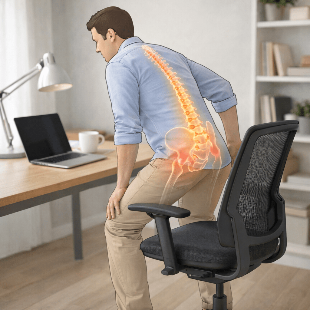 Person standing up from chair showing spinal movement after long sitting