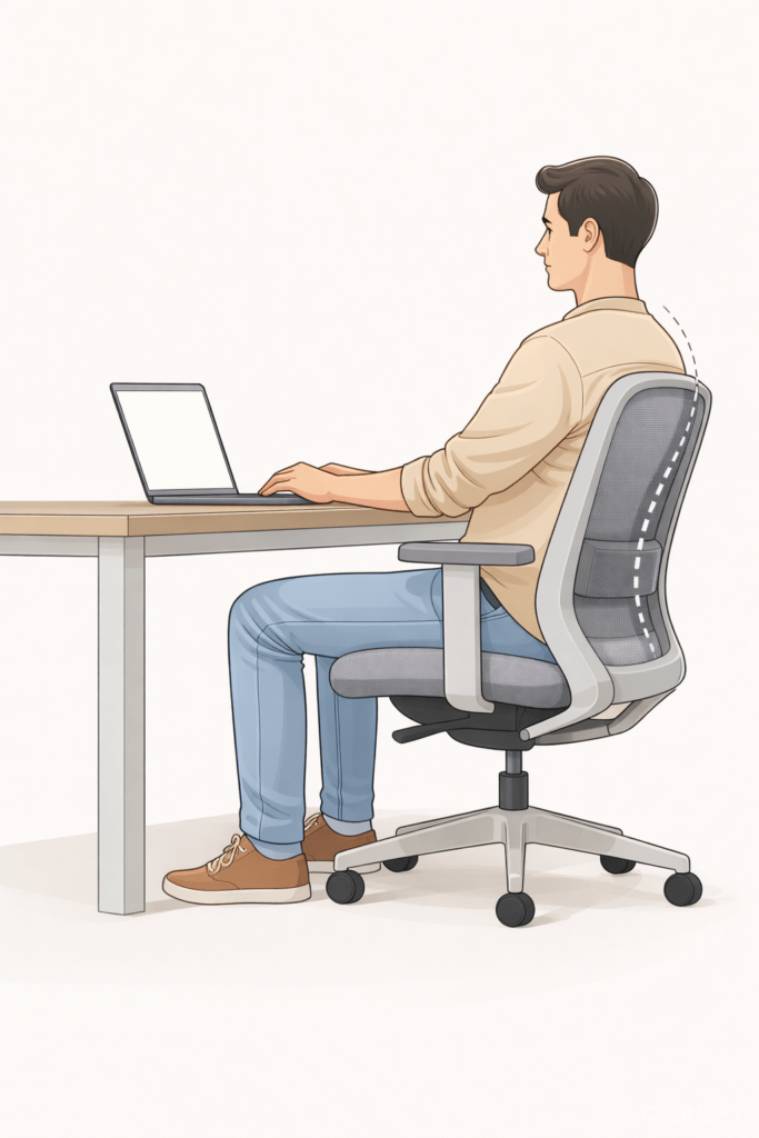 Proper sitting posture to prevent lower back stiffness during desk work