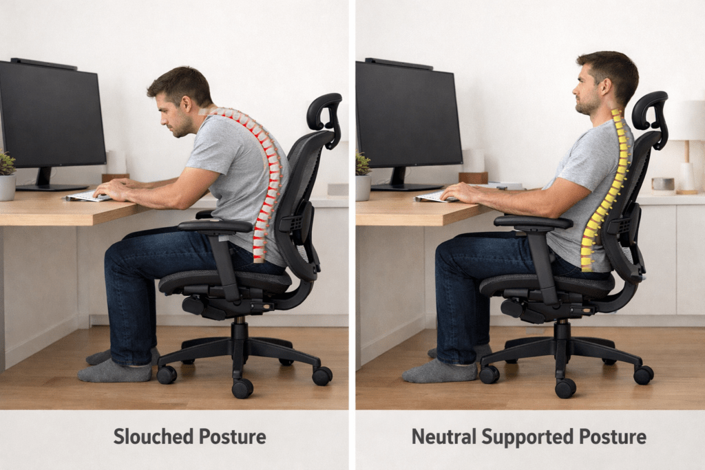 Comparison of slouching posture and properly supported sitting posture