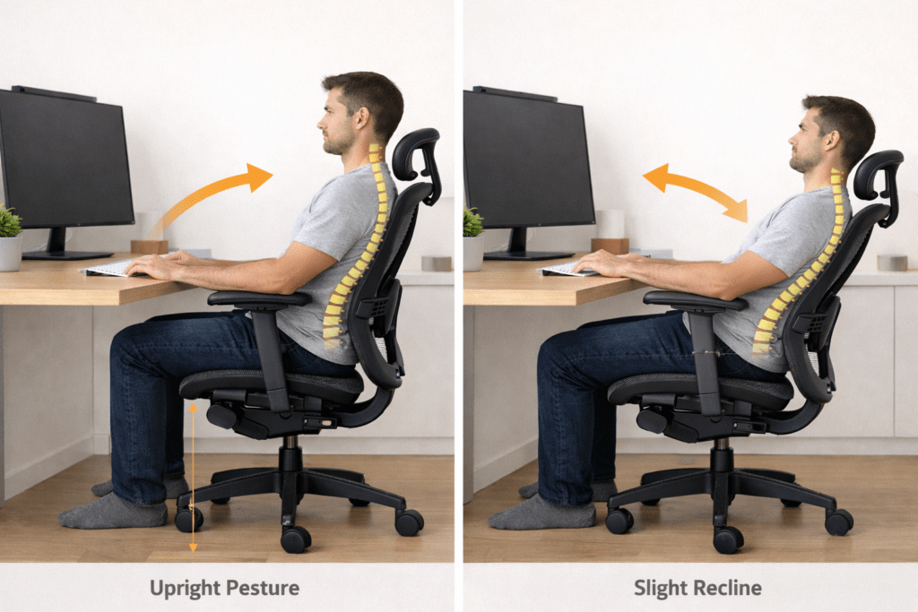 Illustration of a person shifting between upright posture and slight recline while working at a desk, arrows indicating movement, minimal educational style