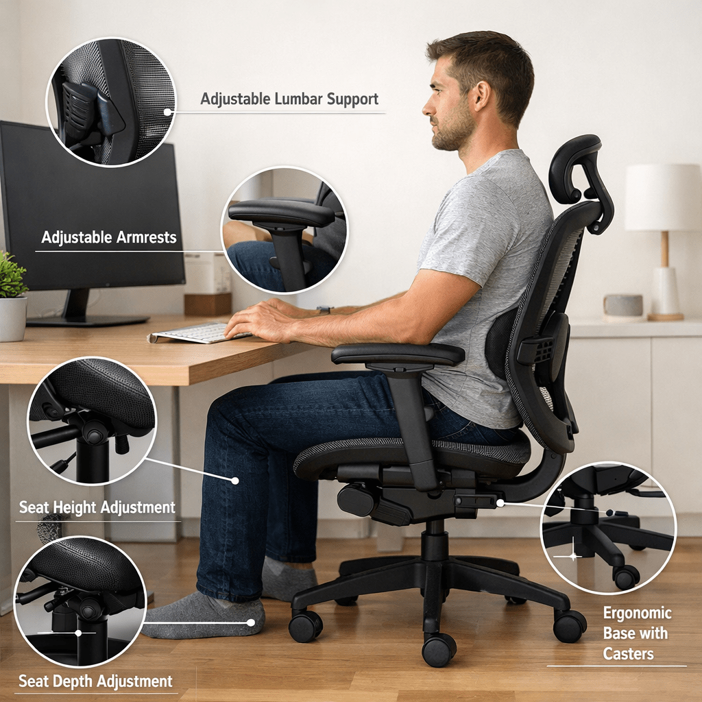 Person demonstrating comfortable sitting positions with proper spine alignment at a desk