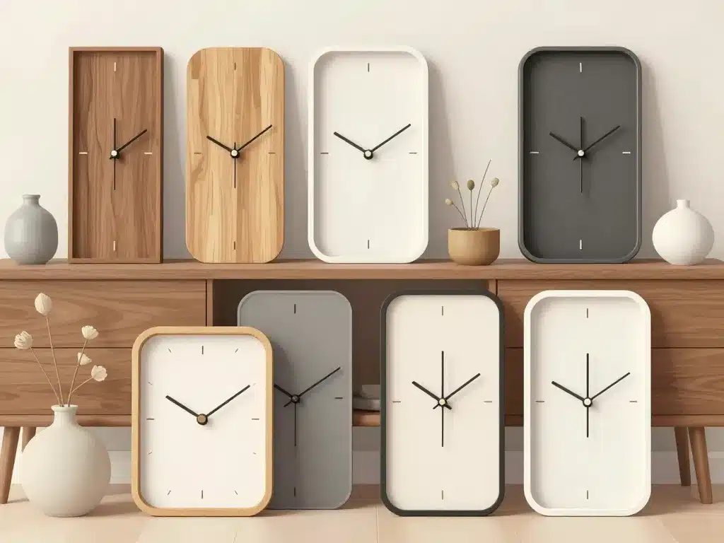 horloge rectangulaire en bois, métal et plastique ambiance contemporaine