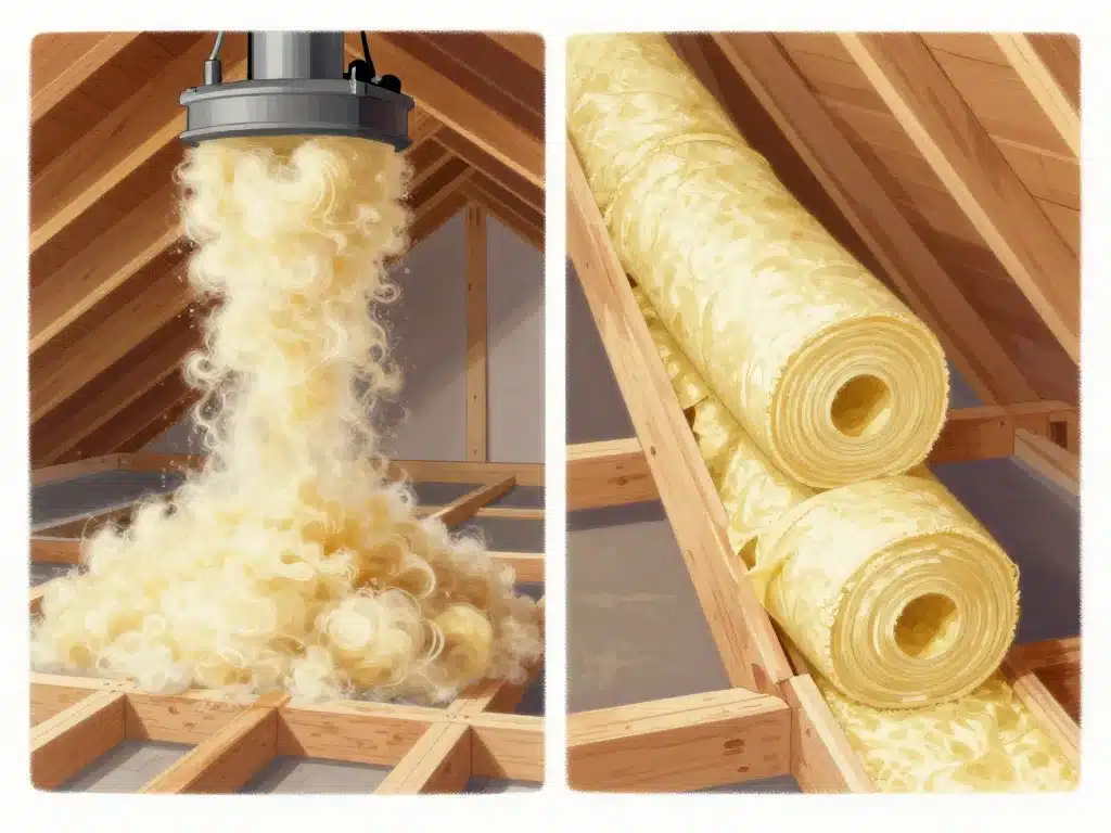 illustration comparatif techniques isolation combles perdues fermettes soufflage rouleaux